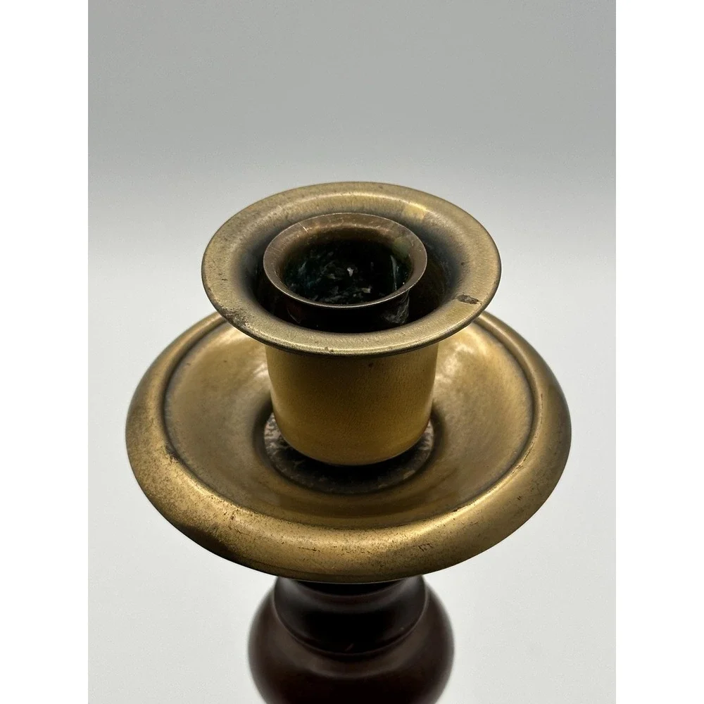 Vintage Brass Wood Candlestick Holder - Rustic Home Decor